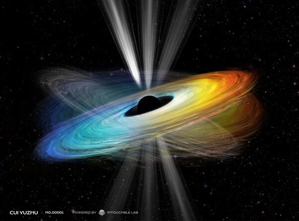 自転する巨大ブラックホールの周りで歳差運動する円盤とジェットの想像図。