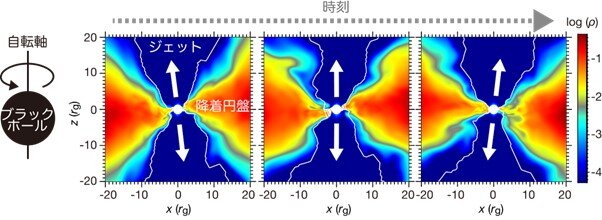 図3アテルイIIで実施した一般相対論的磁気流体シミュレーションが示した降着円盤およびジェットの歳差運動の様子。